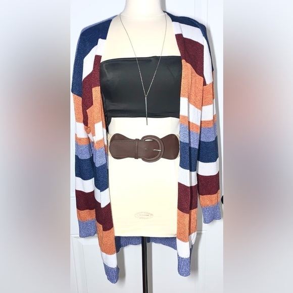 ECOWISH Color Block Stripe Brush Knit Open Cardigan Rainbow Orange Blue XL - Picture 2 of 6